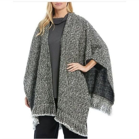 Bryn Walker Virginia Wool Blend tweed Fringed Poncho - Picture 2 of 11